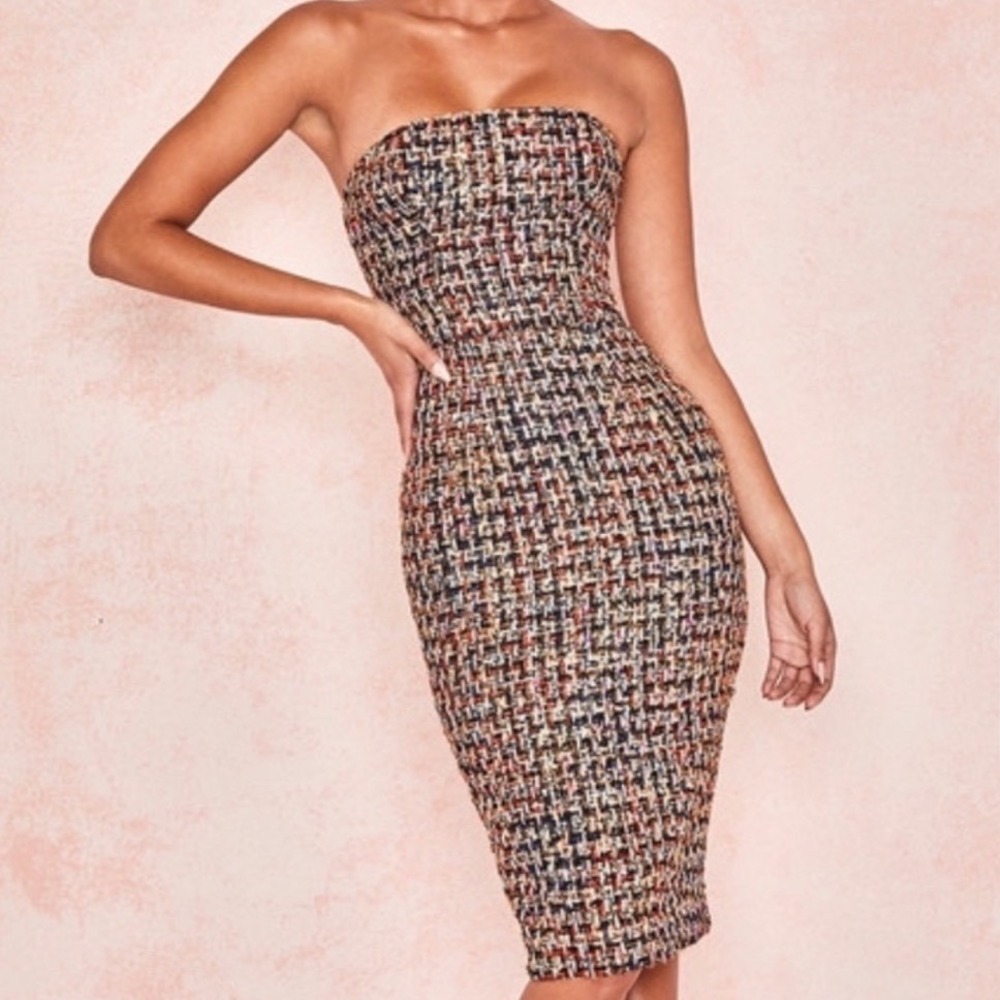 HOUSE OF CB Gabrielle Black Tweed Strapless Midi Dress Size Extra Small